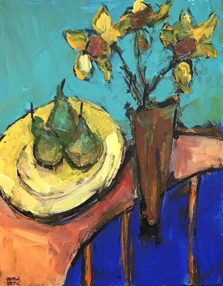 Flowers in Vase and Three Pears on Plate, Acrylic on Canvas