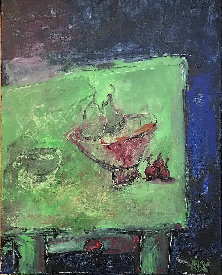 Pears and Cherries on Green Table, Acrylic on Canvas
