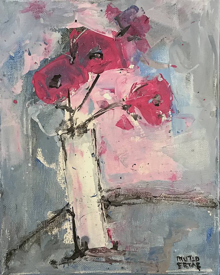 Red Flowers In White Vase, Acrylic and Ink on Canvas