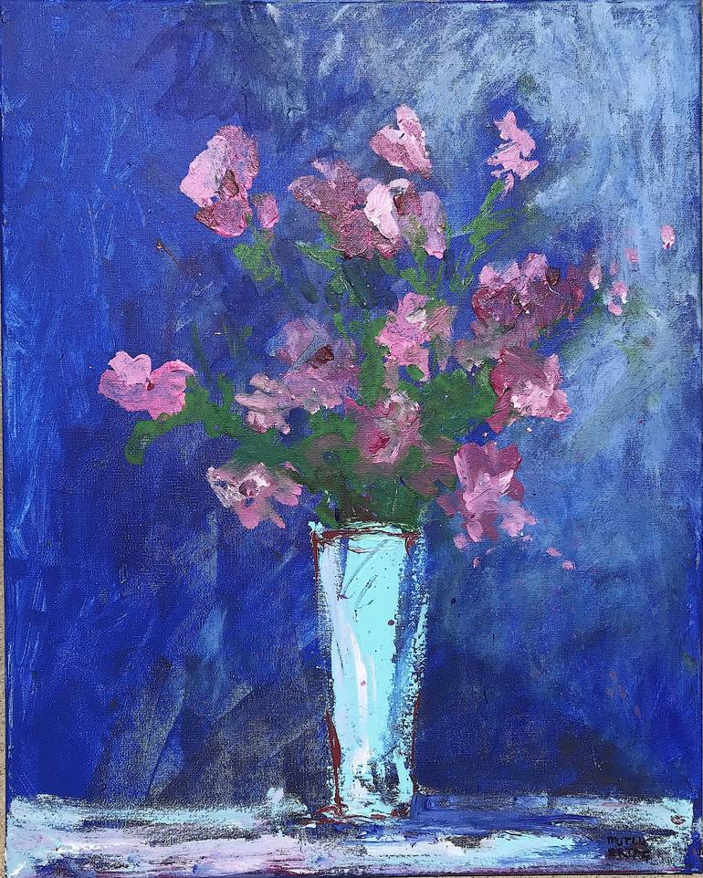 Still Life with Pink Flowers on Blue Background, Acrylic and Ink on Canvas
