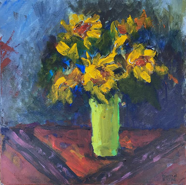 Yellow Flowers in Green Vase., Acrylic and Ink on Canvas