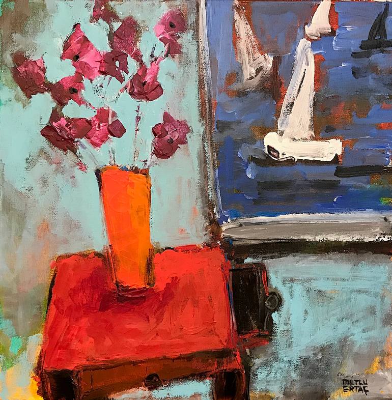 Sail boats by Window with Flowers on Red Table., Acrylic and Ink on Canvas