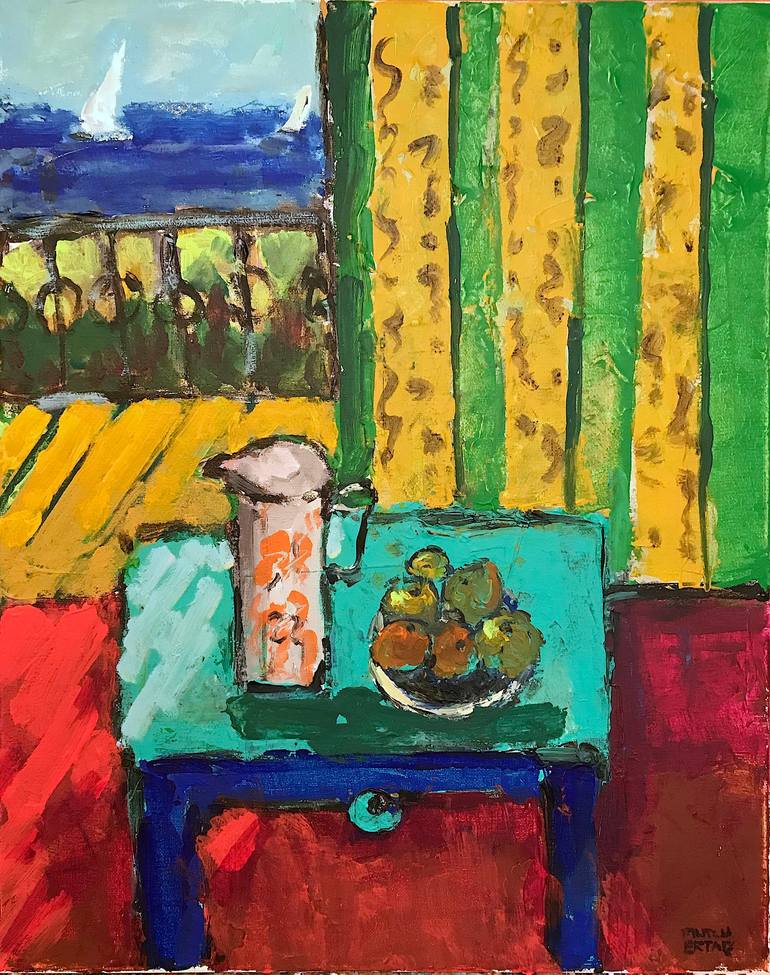 Sail Boats in the Afternoon by the Window, Acrylic and Ink on Canvas