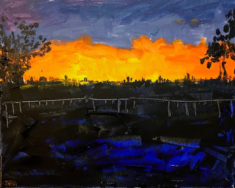 Sunset at Newport Beach, Acrylic and Ink on Canvas