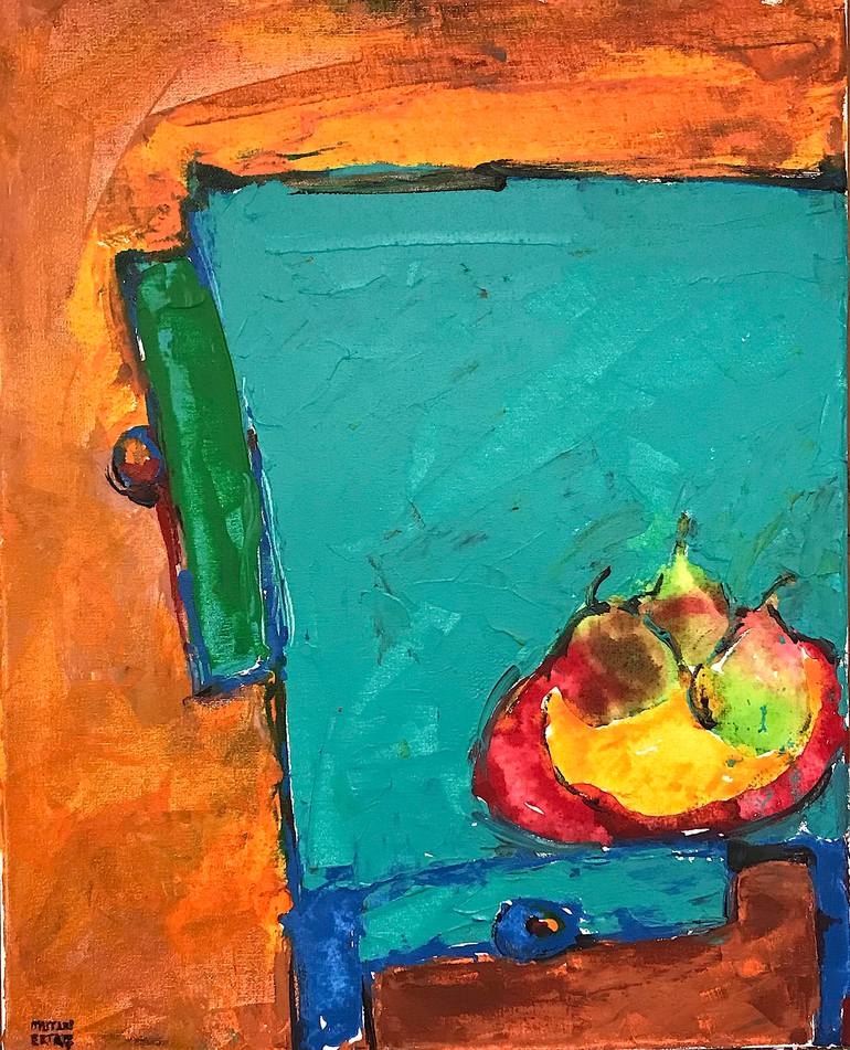 Three Pears on Blue Table., Acrylic and Ink on Canvas