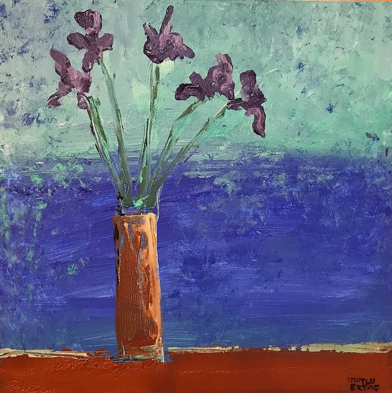 Flowers on Blue Background, Acrylic and Ink on Canvas