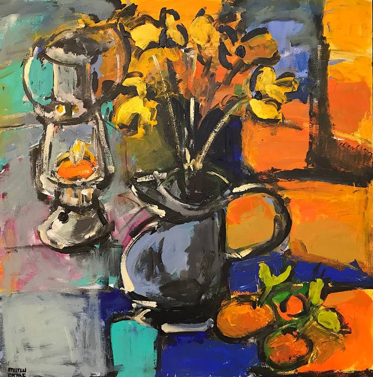 Lantern and Vase of Flowers, Acrylic and Ink on Canvas