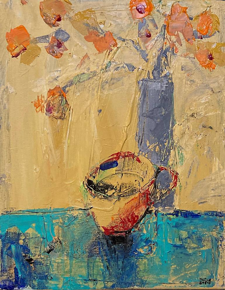 Flowers and Cup, Acrylic and Ink on Canvas