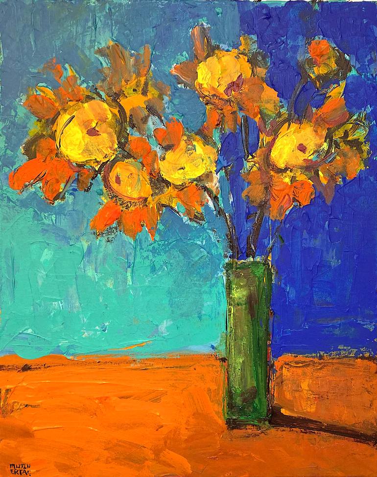 Flowers on Blue Background II, Acrylic and Ink on Canvas