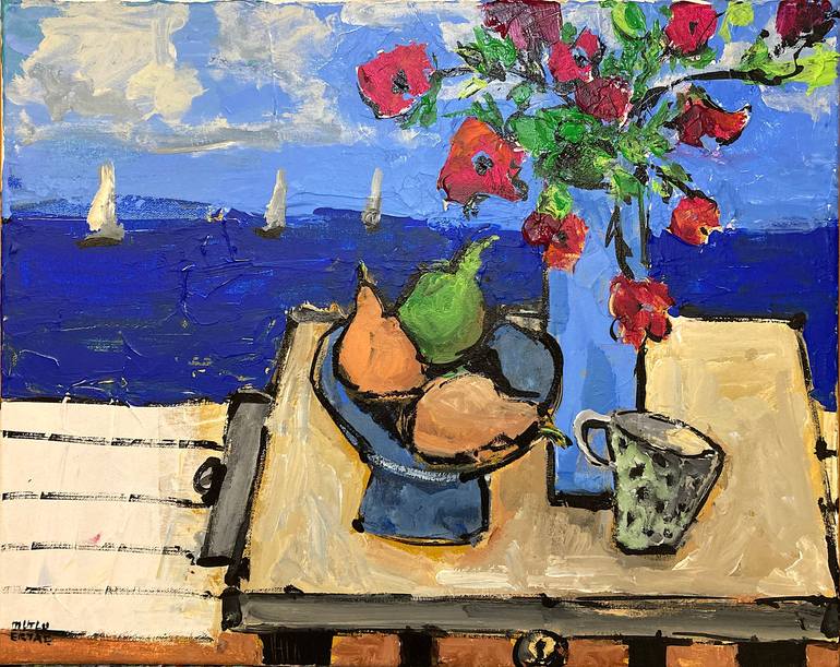 Vase of Flowers by Water, Acrylic and Ink on Canvas