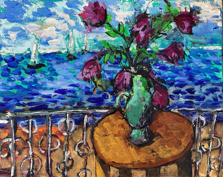 Waterfront View of Sailboats from Balcony, Acrylic and Ink on Canvas