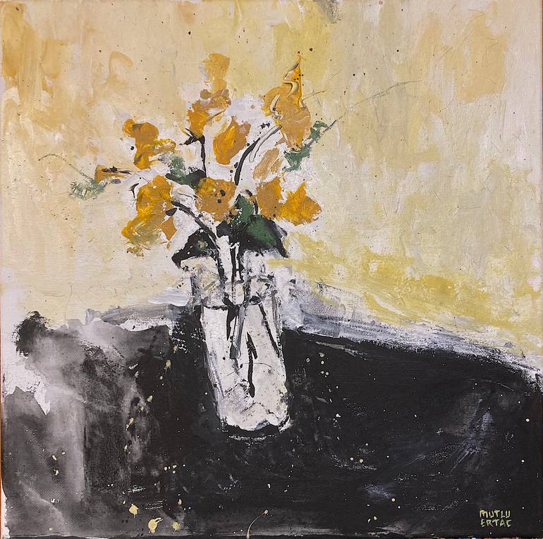 Yellow Flowers in Vase, Acrylic and Ink on Canvas