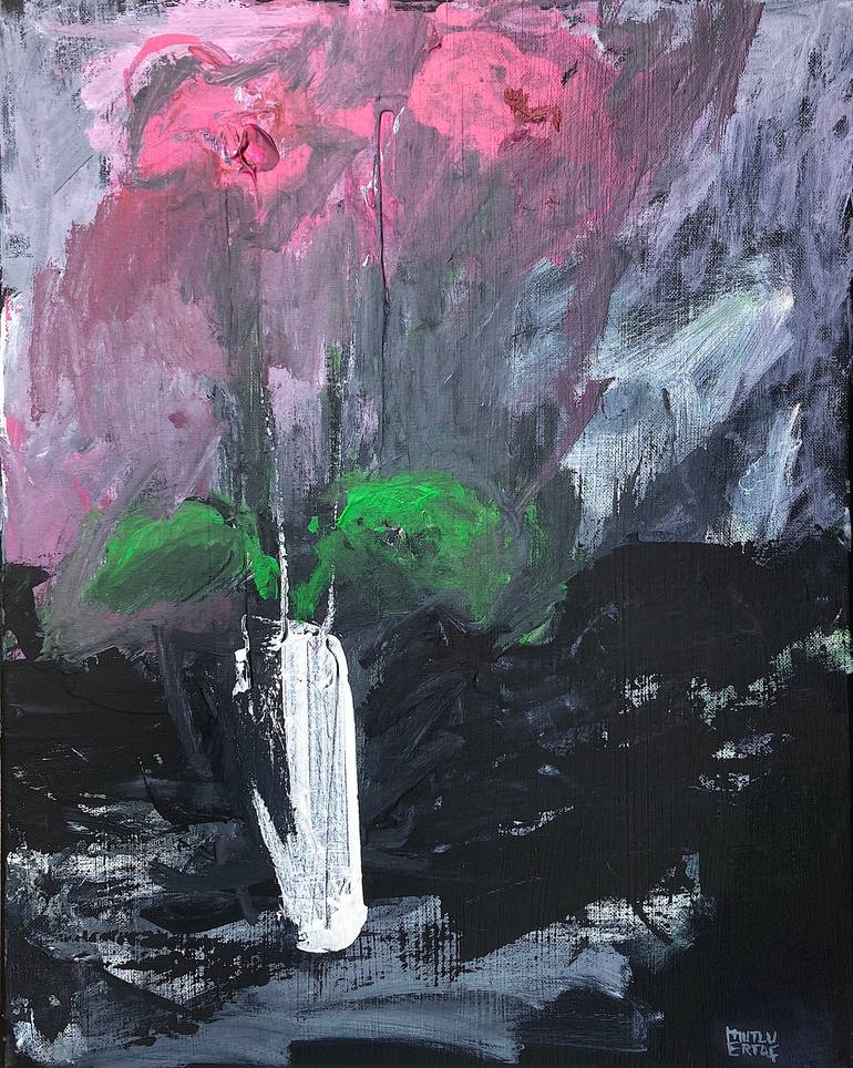Orchids in White Vase, Acrylic and Ink on Canvas