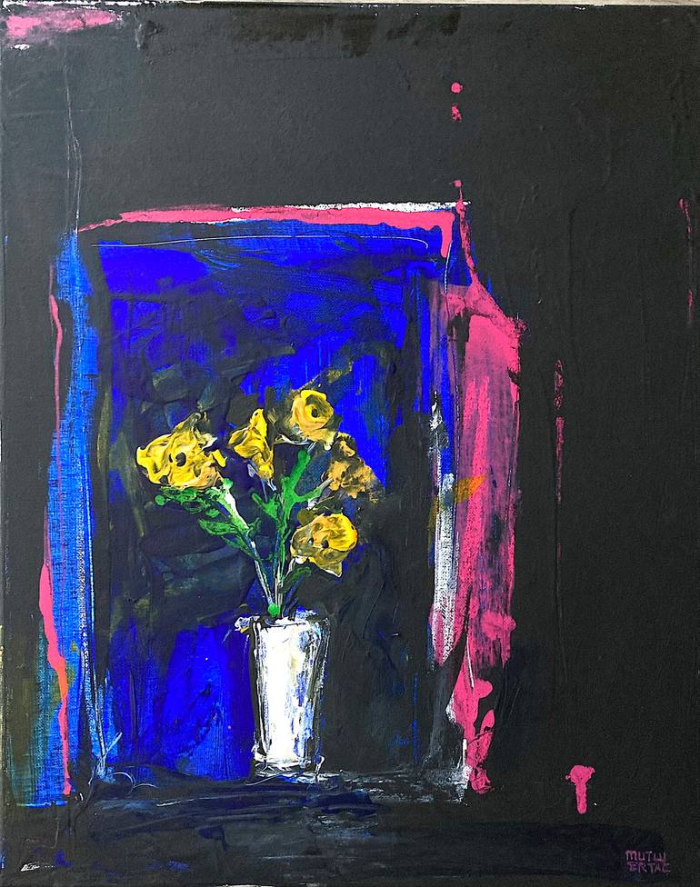 Yellow Flowers in White Vase, Acrylic and Ink on Canvas