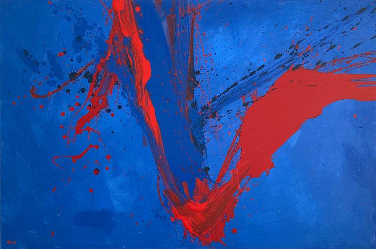 Red on Blue, Acrylic and Ink on Canvas
