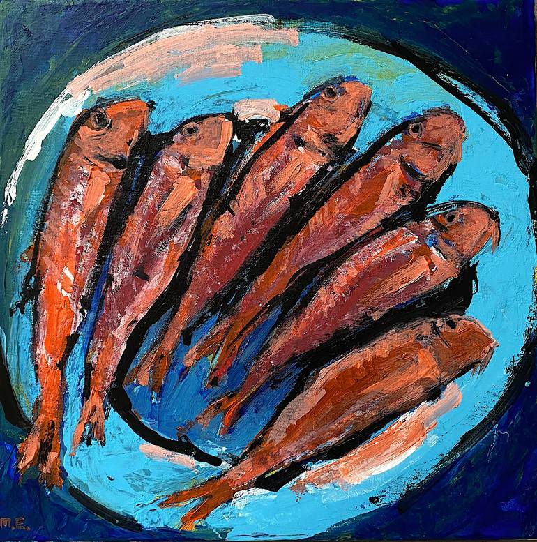 Red Mullet on Plate II, Acrylic and Ink on Canvas