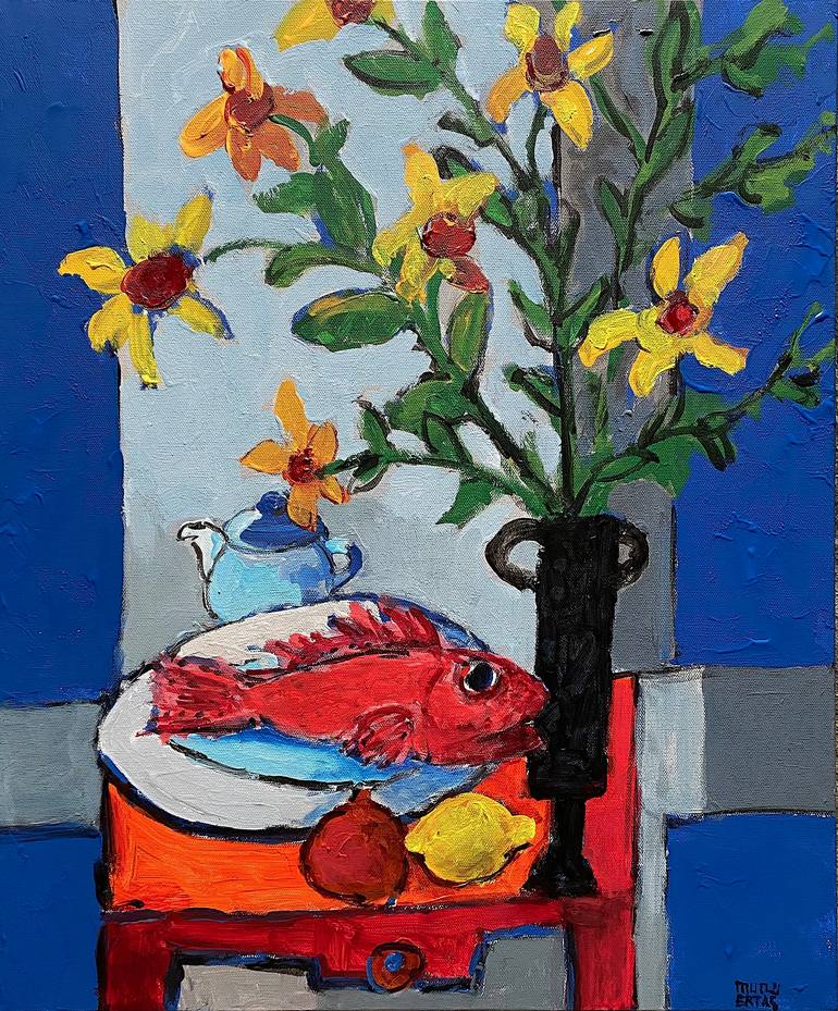 Still Life with Fish and Vase of Flowers., Acrylic and Ink on Canvas