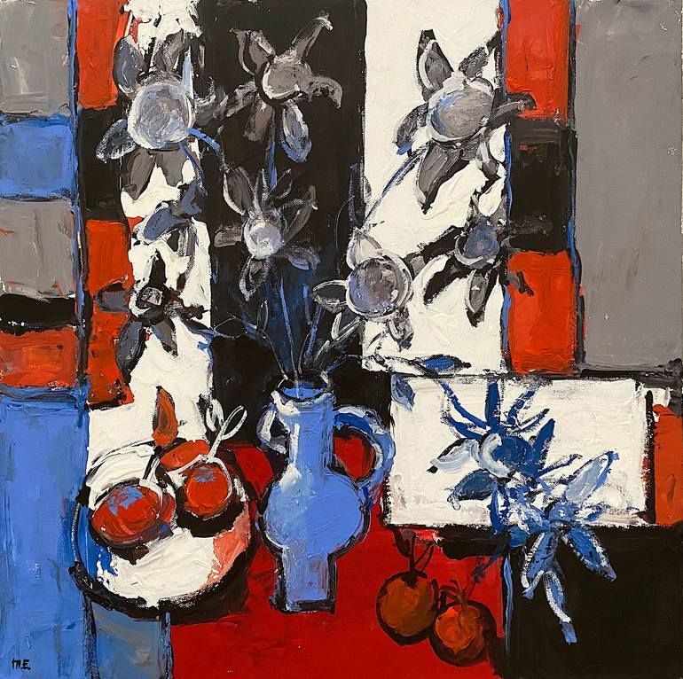 Blue Vase of Flowers on Red Table, Acrylic and Ink on Canvas
