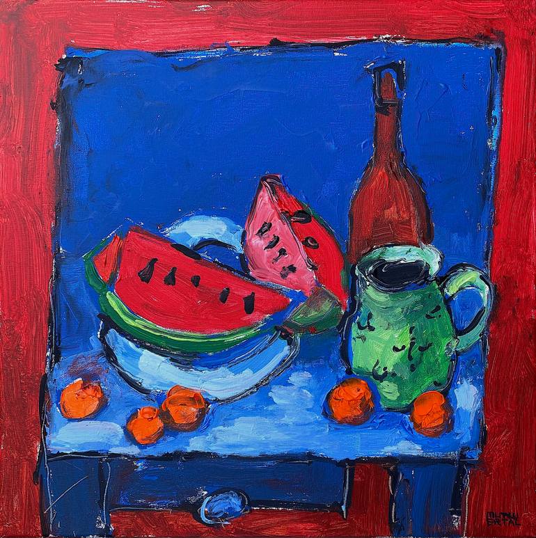 Watermelon and Pitcher II, Acrylic and Ink on Canvas